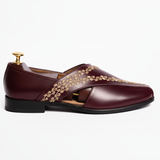 Burgundy Leather Tana Peshawari Hand Embroidered Zardozi Loafers | Wedding Shoes for Groom | Shoes for Haldi Mehendi Sangeet