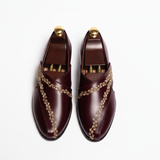 Burgundy Leather Tana Peshawari Hand Embroidered Zardozi Loafers | Wedding Shoes for Groom | Shoes for Haldi Mehendi Sangeet
