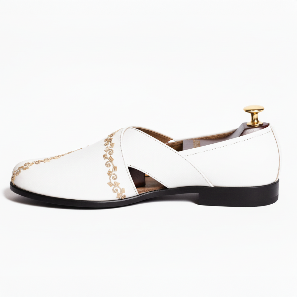 White Leather Tana Peshawari Hand Embroidered Zardozi Loafers | Wedding Shoes for Groom | Shoes for Haldi Mehendi Sangeet