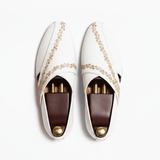 White Leather Tana Peshawari Hand Embroidered Zardozi Loafers | Wedding Shoes for Groom | Shoes for Haldi Mehendi Sangeet