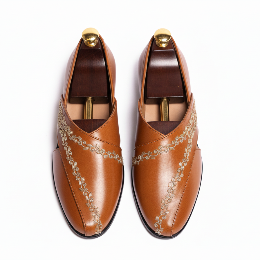 Tan Leather Tana Peshawari Hand Embroidered Zardozi Loafers | Wedding Shoes for Groom | Shoes for Haldi Mehendi Sangeet