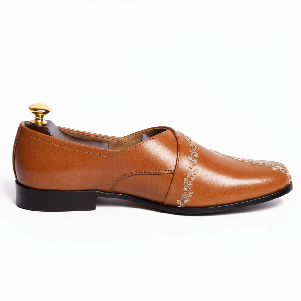 Tan Leather Tana Peshawari Hand Embroidered Zardozi Loafers | Wedding Shoes for Groom | Shoes for Haldi Mehendi Sangeet