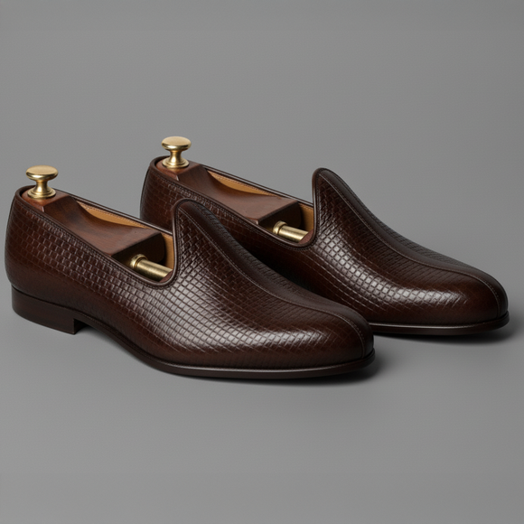 Burgundy Braided Leather Tana Peshawari Jutti Loafers | Wedding Shoes for Groom | Shoes for Haldi Mehendi Sangeet