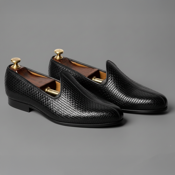 Black Braided Leather Tana Peshawari Jutti Loafers | Wedding Shoes for Groom | Shoes for Haldi Mehendi Sangeet