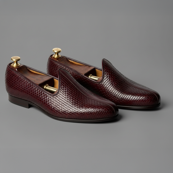 Burgundy Braided Leather Tana Peshawari Jutti Loafers | Wedding Shoes for Groom | Shoes for Haldi Mehendi Sangeet