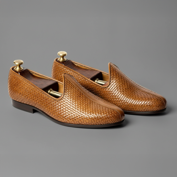 Tan Braided Leather Tana Peshawari Jutti Loafers | Wedding Shoes for Groom | Shoes for Haldi Mehendi Sangeet