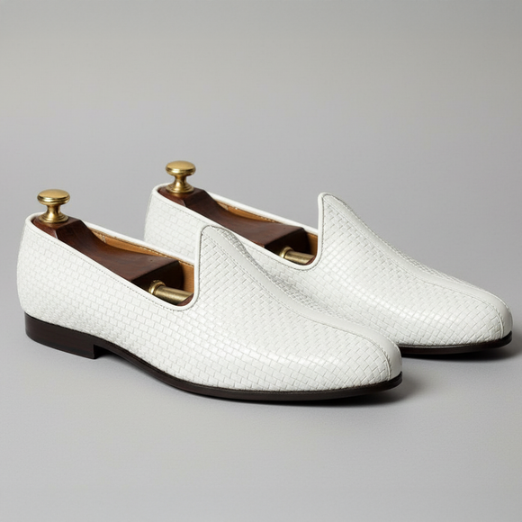 White Braided Leather Tana Peshawari Jutti Loafers | Wedding Shoes for Groom | Shoes for Haldi Mehendi Sangeet