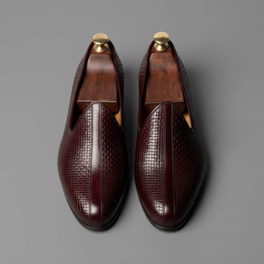 Burgundy Braided Leather Tana Peshawari Jutti Loafers | Wedding Shoes for Groom | Shoes for Haldi Mehendi Sangeet
