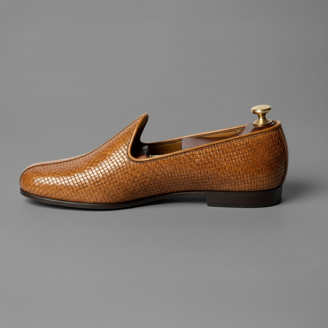 Tan Braided Leather Tana Peshawari Jutti Loafers | Wedding Shoes for Groom | Shoes for Haldi Mehendi Sangeet