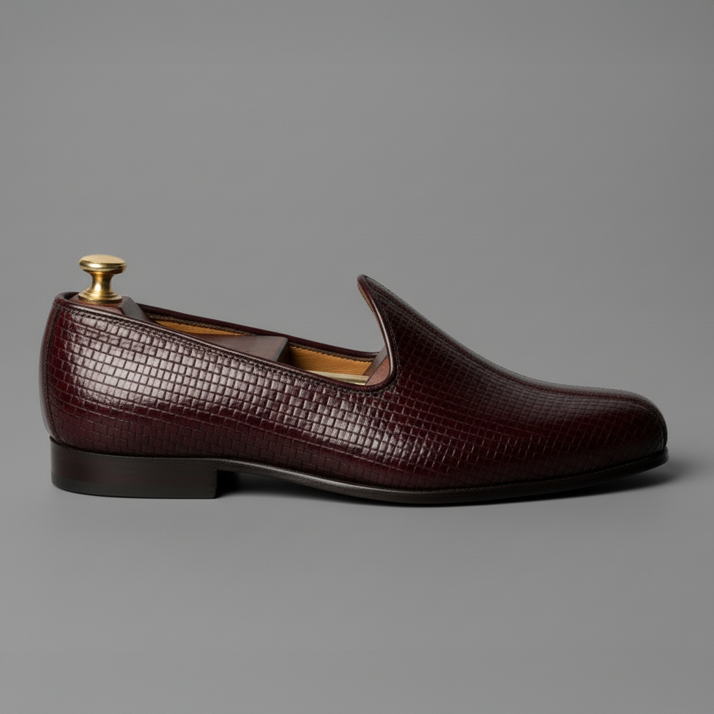 Burgundy Braided Leather Tana Peshawari Jutti Loafers | Wedding Shoes for Groom | Shoes for Haldi Mehendi Sangeet