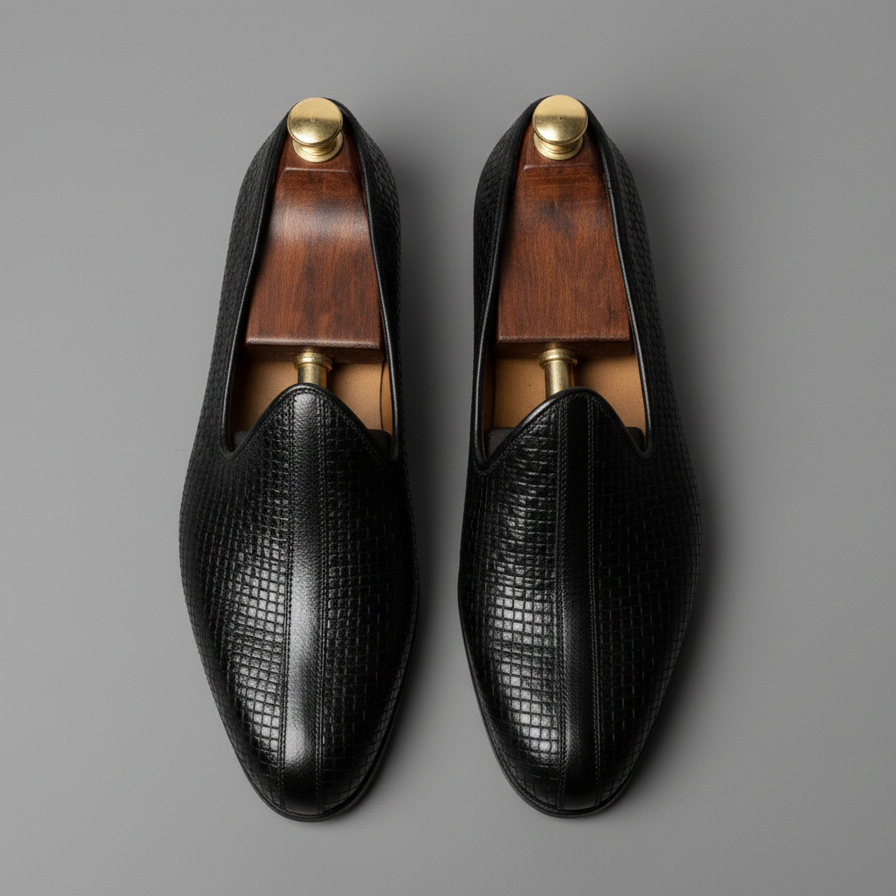 Black Braided Leather Tana Peshawari Jutti Loafers | Wedding Shoes for Groom | Shoes for Haldi Mehendi Sangeet