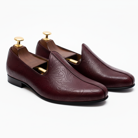 Burgundy Leather Tana Peshawari Jutti Loafers | Wedding Shoes for Groom | Shoes for Haldi Mehendi Sangeet