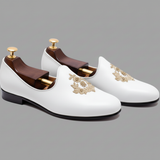 White Leather Tana Peshawari Hand Work Embroidered Zardozi Jutti Loafers | Wedding Shoes for Groom | Shoes for Haldi Mehendi Sangeet