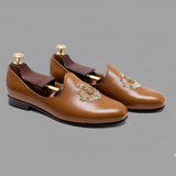 Tan Leather Tana Peshawari Hand Work Embroidered Zardozi Jutti Loafers | Wedding Shoes for Groom | Shoes for Haldi Mehendi Sangeet