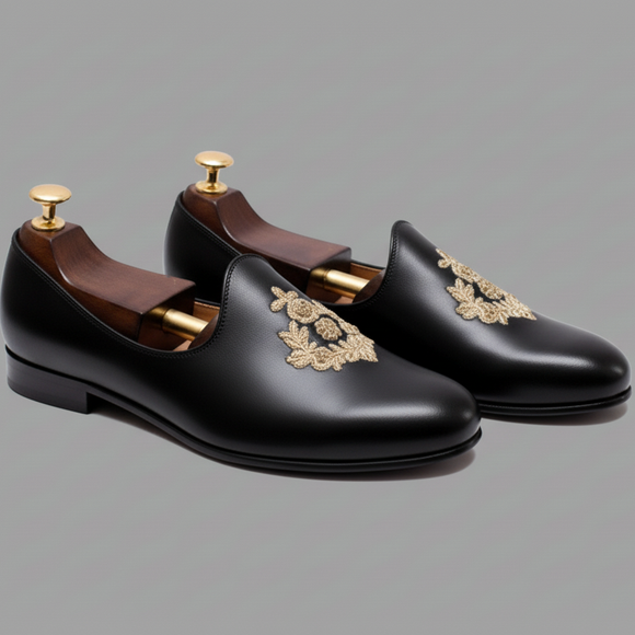 Black Leather Tana Peshawari Hand Work Embroidered Zardozi Jutti Loafers | Wedding Shoes for Groom | Shoes for Haldi Mehendi Sangeet