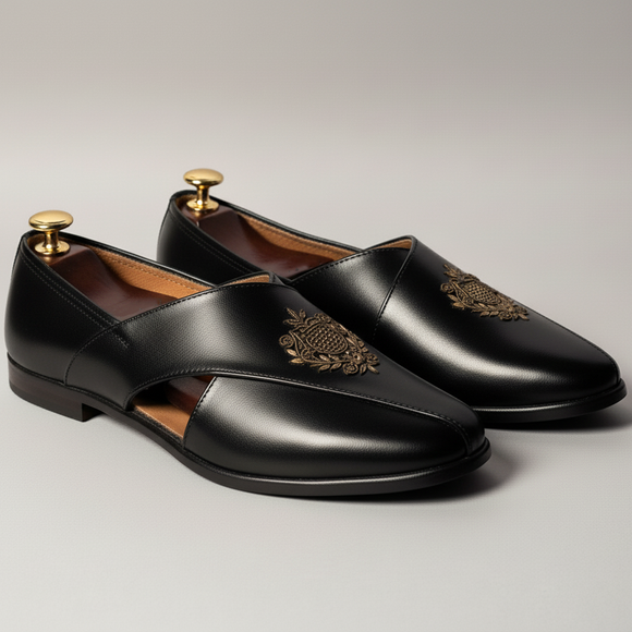 Black Leather Tana Peshawari Loafers | Wedding Shoes for Groom | Shoes for Haldi Mehendi Sangeet
