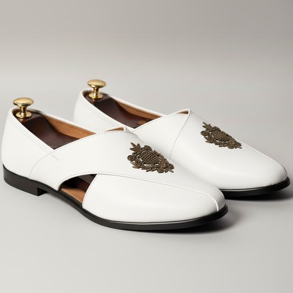 White Leather Tana Peshawari Loafers | Wedding Shoes for Groom | Shoes for Haldi Mehendi Sangeet