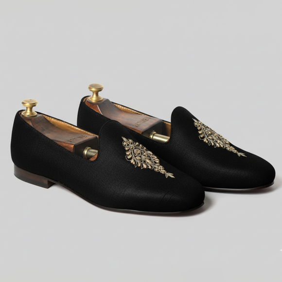 Black Knitted Euro Velvet Tana Peshawari Jutti Loafers | Wedding Shoes for Groom | Shoes for Haldi Mehendi Sangeet