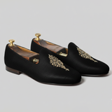 Black Knitted Euro Velvet Tana Peshawari Jutti Loafers | Wedding Shoes for Groom | Shoes for Haldi Mehendi Sangeet