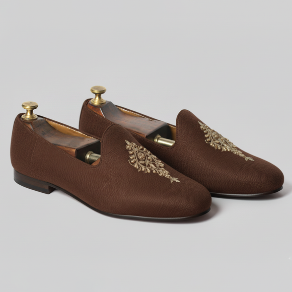 Brown Knitted Euro Velvet Tana Peshawari Jutti Loafers | Wedding Shoes for Groom | Shoes for Haldi Mehendi Sangeet