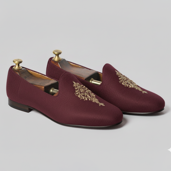 Burgundy Knitted Euro Velvet Tana Peshawari Jutti Loafers | Wedding Shoes for Groom | Shoes for Haldi Mehendi Sangeet