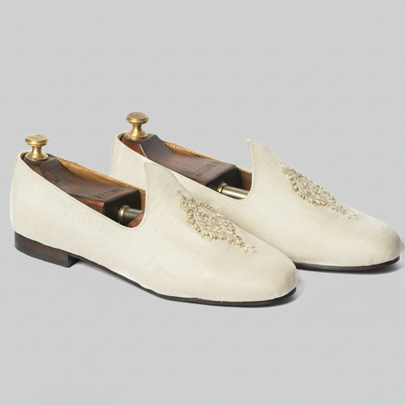 White Cream Knitted Euro Velvet Tana Peshawari Jutti Loafers | Wedding Shoes for Groom | Shoes for Haldi Mehendi Sangeet