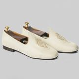 White Cream Knitted Euro Velvet Tana Peshawari Jutti Loafers | Wedding Shoes for Groom | Shoes for Haldi Mehendi Sangeet