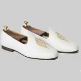 White Knitted Euro Velvet Tana Peshawari Jutti Loafers | Wedding Shoes for Groom | Shoes for Haldi Mehendi Sangeet