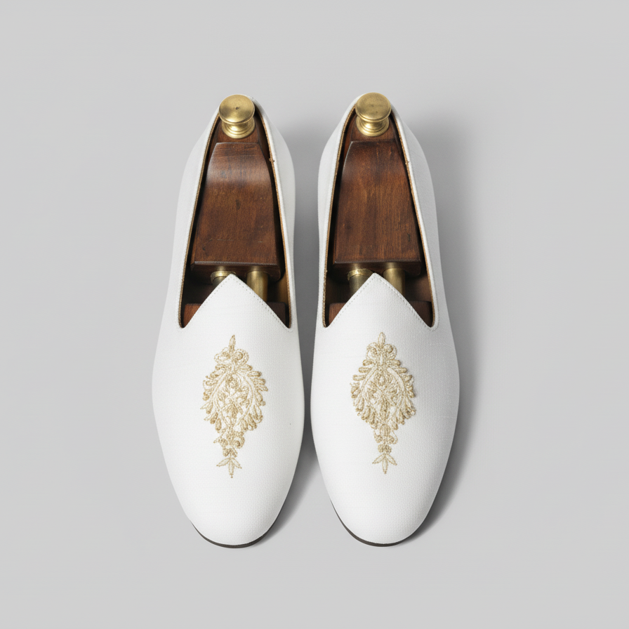 White Knitted Euro Velvet Tana Peshawari Jutti Loafers | Wedding Shoes for Groom | Shoes for Haldi Mehendi Sangeet