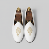 White Knitted Euro Velvet Tana Peshawari Jutti Loafers | Wedding Shoes for Groom | Shoes for Haldi Mehendi Sangeet