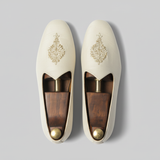 White Cream Knitted Euro Velvet Tana Peshawari Jutti Loafers | Wedding Shoes for Groom | Shoes for Haldi Mehendi Sangeet