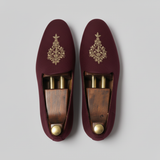 Burgundy Knitted Euro Velvet Tana Peshawari Jutti Loafers | Wedding Shoes for Groom | Shoes for Haldi Mehendi Sangeet