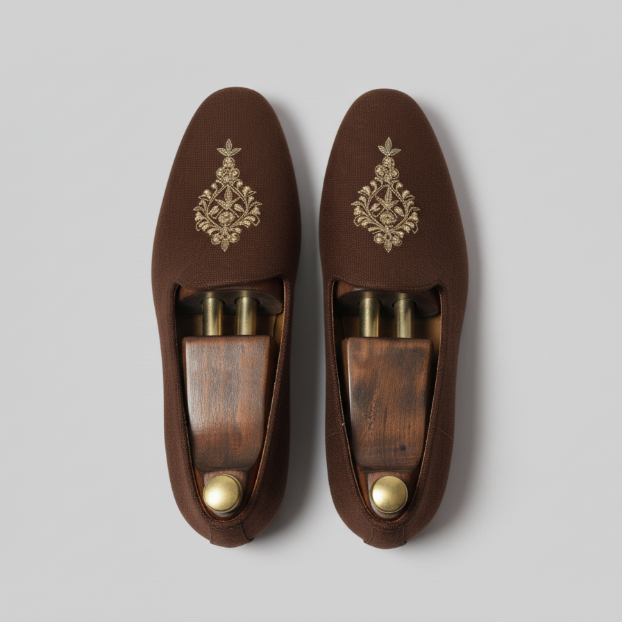 Brown Knitted Euro Velvet Tana Peshawari Jutti Loafers | Wedding Shoes for Groom | Shoes for Haldi Mehendi Sangeet