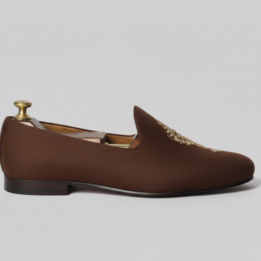 Brown Knitted Euro Velvet Tana Peshawari Jutti Loafers | Wedding Shoes for Groom | Shoes for Haldi Mehendi Sangeet