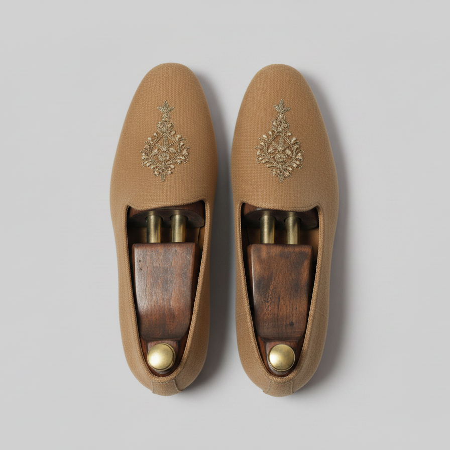 Tan Knitted Euro Velvet Tana Peshawari Jutti Loafers | Wedding Shoes for Groom | Shoes for Haldi Mehendi Sangeet
