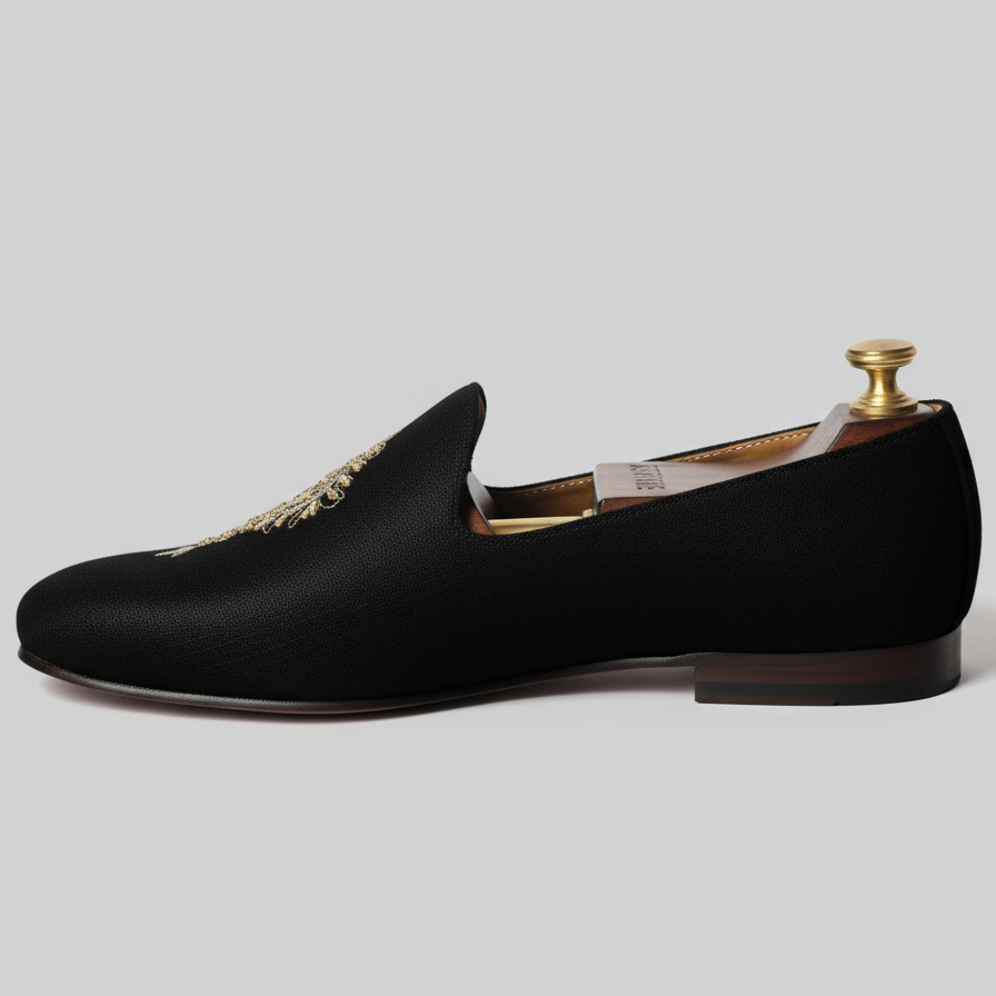 Black Knitted Euro Velvet Tana Peshawari Jutti Loafers | Wedding Shoes for Groom | Shoes for Haldi Mehendi Sangeet