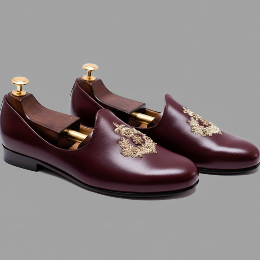 Burgundy Leather Tana Peshawari Hand Work Embroidered Zardozi Jutti Loafers | Wedding Shoes for Groom | Shoes for Haldi Mehendi Sangeet
