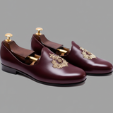 Burgundy Leather Tana Peshawari Hand Work Embroidered Zardozi Jutti Loafers | Wedding Shoes for Groom | Shoes for Haldi Mehendi Sangeet