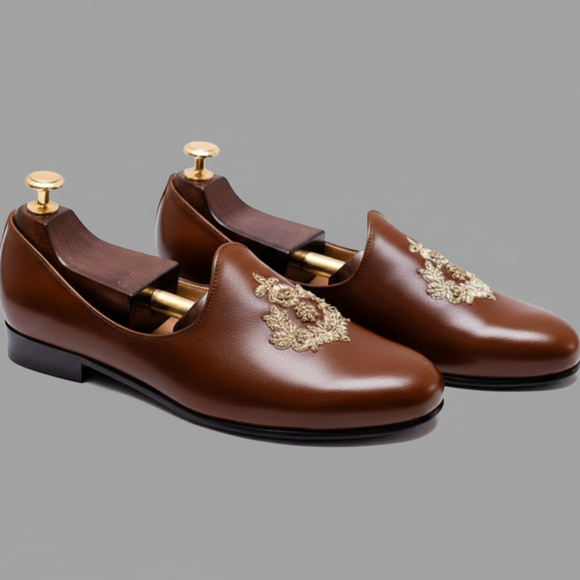 Brown Leather Tana Peshawari Hand Work Embroidered Zardozi Jutti Loafers | Wedding Shoes for Groom | Shoes for Haldi Mehendi Sangeet
