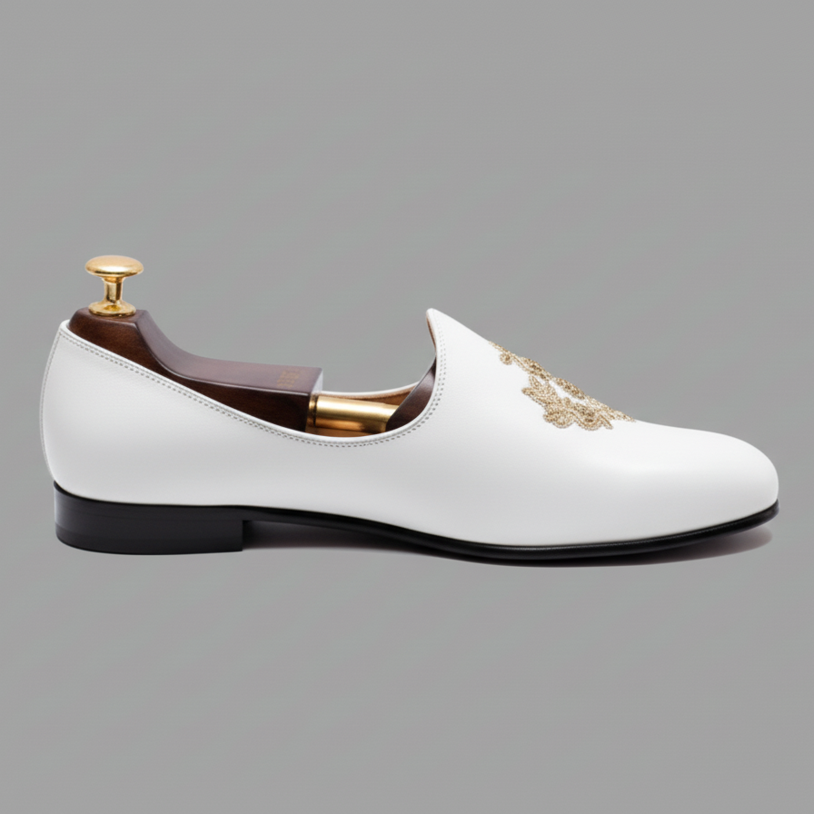 White Leather Tana Peshawari Hand Work Embroidered Zardozi Jutti Loafers | Wedding Shoes for Groom | Shoes for Haldi Mehendi Sangeet