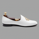White Leather Tana Peshawari Hand Work Embroidered Zardozi Jutti Loafers | Wedding Shoes for Groom | Shoes for Haldi Mehendi Sangeet