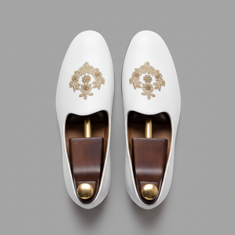 White Leather Tana Peshawari Hand Work Embroidered Zardozi Jutti Loafers | Wedding Shoes for Groom | Shoes for Haldi Mehendi Sangeet