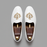 White Leather Tana Peshawari Hand Work Embroidered Zardozi Jutti Loafers | Wedding Shoes for Groom | Shoes for Haldi Mehendi Sangeet