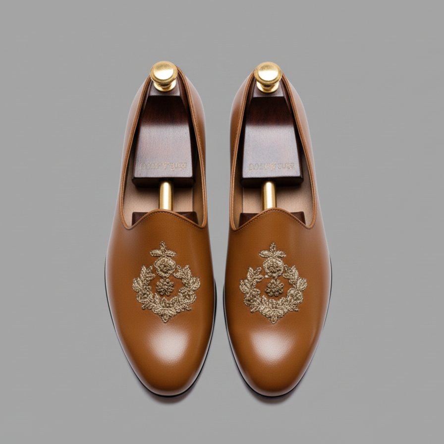 Tan Leather Tana Peshawari Hand Work Embroidered Zardozi Jutti Loafers | Wedding Shoes for Groom | Shoes for Haldi Mehendi Sangeet
