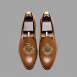 Tan Leather Tana Peshawari Hand Work Embroidered Zardozi Jutti Loafers | Wedding Shoes for Groom | Shoes for Haldi Mehendi Sangeet