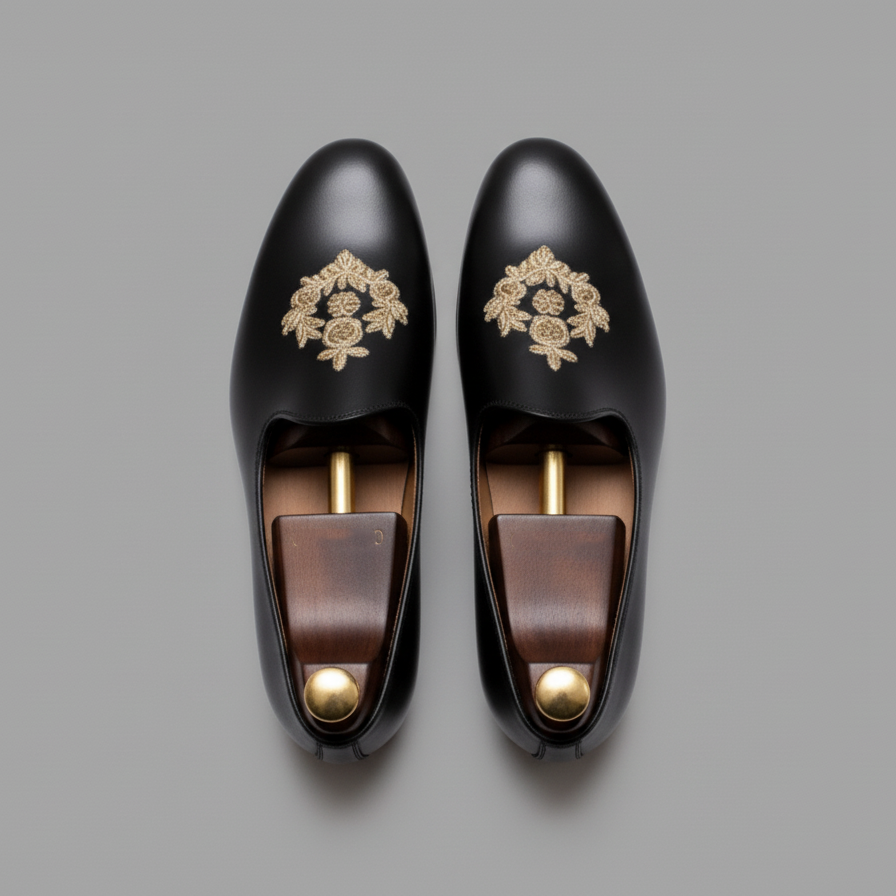 Black Leather Tana Peshawari Hand Work Embroidered Zardozi Jutti Loafers | Wedding Shoes for Groom | Shoes for Haldi Mehendi Sangeet
