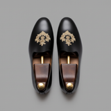 Black Leather Tana Peshawari Hand Work Embroidered Zardozi Jutti Loafers | Wedding Shoes for Groom | Shoes for Haldi Mehendi Sangeet