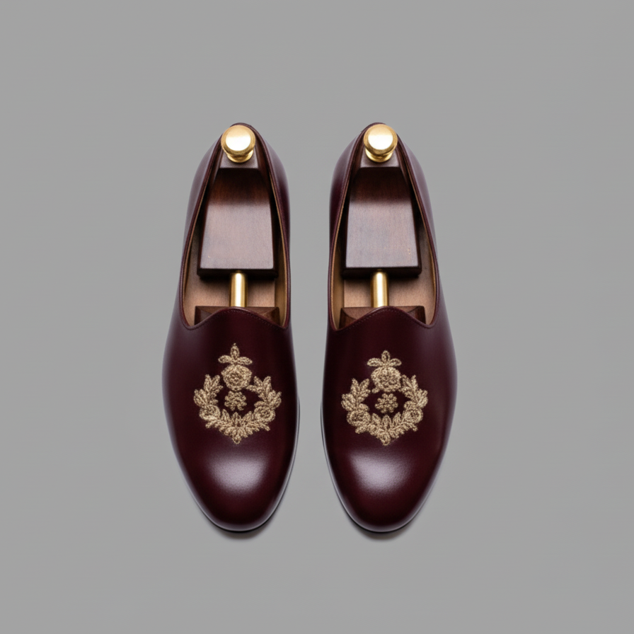 Burgundy Leather Tana Peshawari Hand Work Embroidered Zardozi Jutti Loafers | Wedding Shoes for Groom | Shoes for Haldi Mehendi Sangeet
