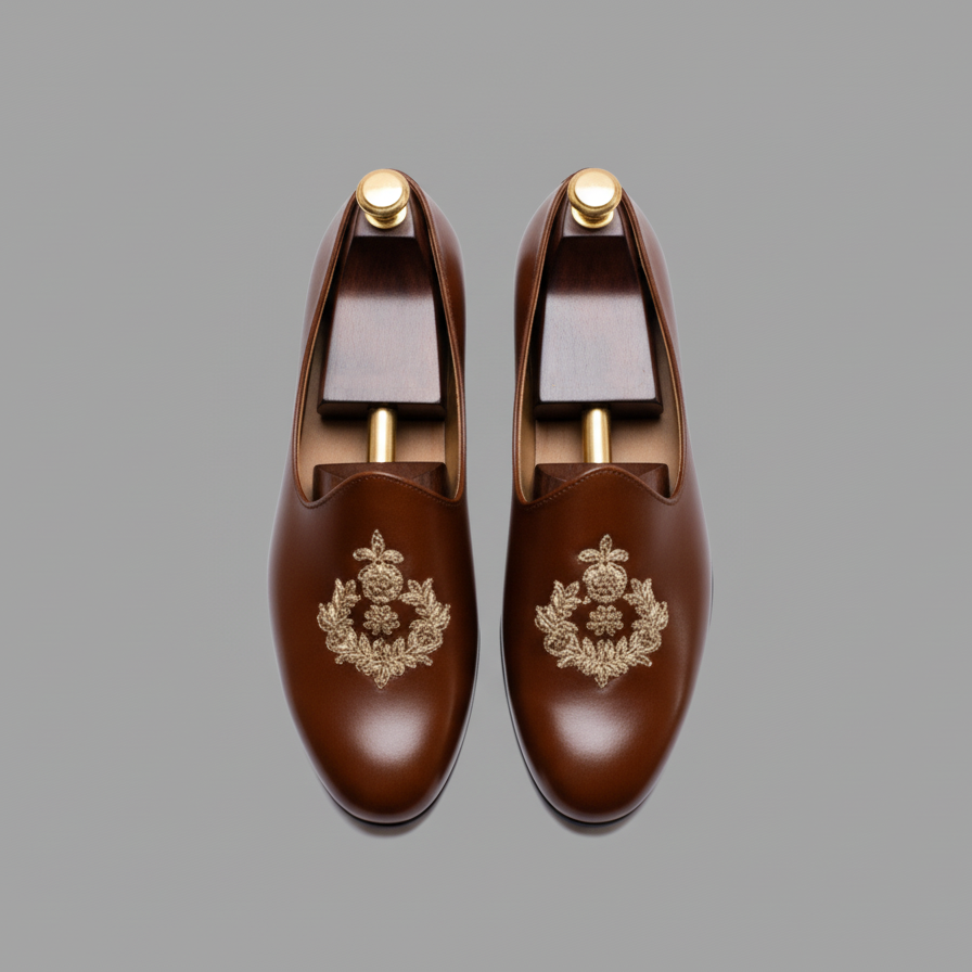 Brown Leather Tana Peshawari Hand Work Embroidered Zardozi Jutti Loafers | Wedding Shoes for Groom | Shoes for Haldi Mehendi Sangeet