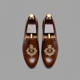 Brown Leather Tana Peshawari Hand Work Embroidered Zardozi Jutti Loafers | Wedding Shoes for Groom | Shoes for Haldi Mehendi Sangeet